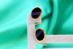 Clearance Pamono Gold Cufflinks with Blue Stripe Reliefs on Oval Onyx, Set of 2