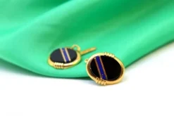 Clearance Pamono Gold Cufflinks with Blue Stripe Reliefs on Oval Onyx, Set of 2