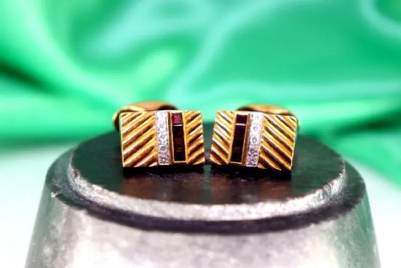 Pamono Gold Cufflinks with Brilliant-Cut Diamonds and Calibrated Rubies, Set of 2> Cufflinks