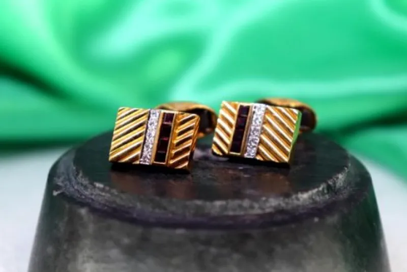 Pamono Gold Cufflinks with Brilliant-Cut Diamonds and Calibrated Rubies, Set of 2> Cufflinks