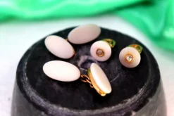 Pamono Gold Cufflinks with Ceramic and Two Brilliant-Cut Diamonds, Set of 2