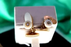 Pamono Gold Cufflinks with Ceramic and Two Brilliant-Cut Diamonds, Set of 2