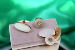 Pamono Gold Cufflinks with Ceramic and Two Brilliant-Cut Diamonds, Set of 2