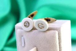 Pamono Gold Cufflinks with Ivory and Diamond Applications, Set of 2><noscript><img width=