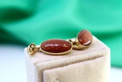 Sale Pamono Gold Cufflinks with Oval Brown Stone, Set of 2