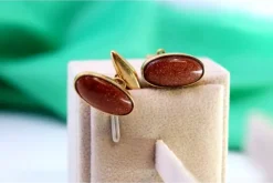 Sale Pamono Gold Cufflinks with Oval Brown Stone, Set of 2