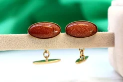 Sale Pamono Gold Cufflinks with Oval Brown Stone, Set of 2