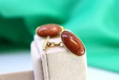 Sale Pamono Gold Cufflinks with Oval Brown Stone, Set of 2