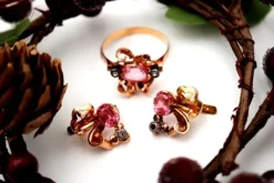 Pamono Gold Earrings and Ring with Synthetic Stones, Set of 3