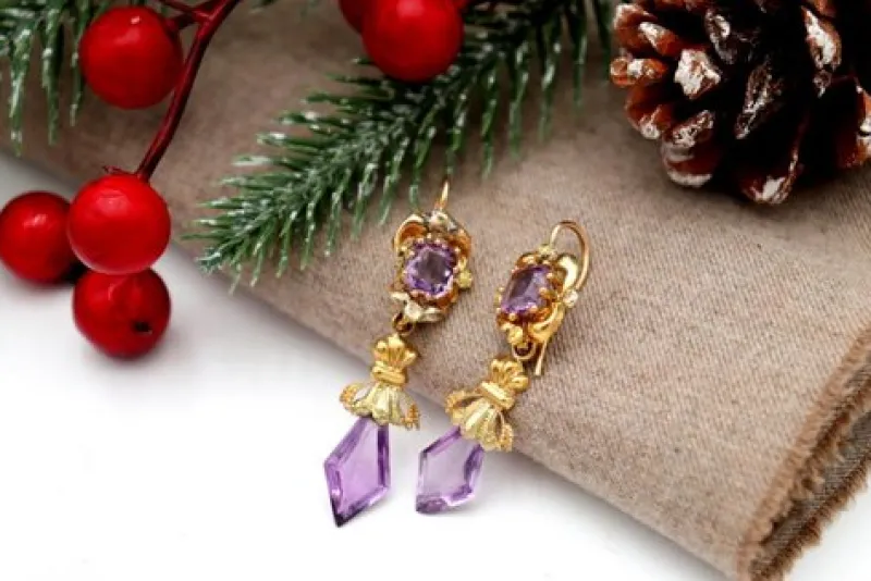 Online Pamono Gold Earrings with Amethysts, Set of 2
