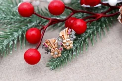 Pamono Gold Earrings with Diamond Flakes and Garnet Stones and Silver Applications, Set of 2><noscript><img width=
