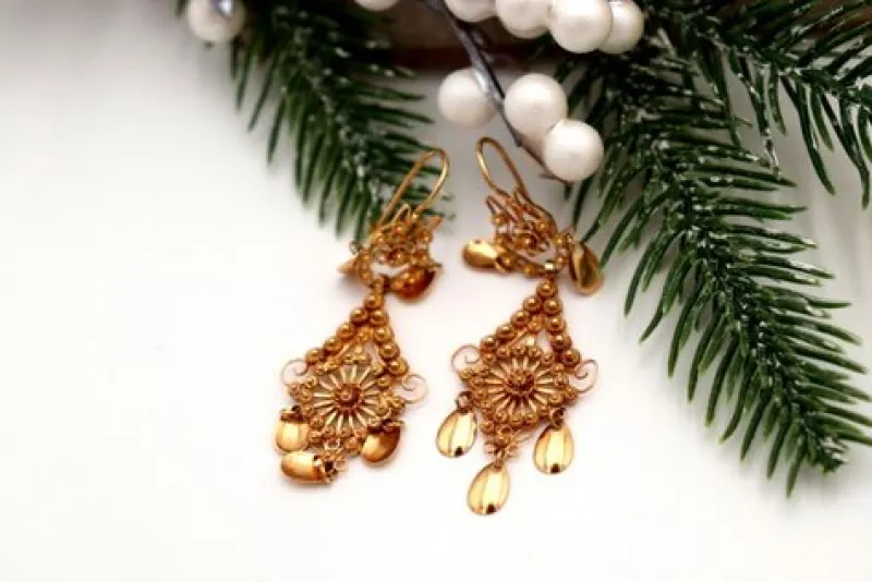Pamono Gold Filigree Earrings with Cutouts and Hinged Pendants, Set of 2> Earrings