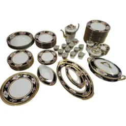 Pamono Gold-Plated Service from L' Ancienne Manufacture Royale de Limoges, France, 1980s, Set of 75> Dinner Plates & Bowls