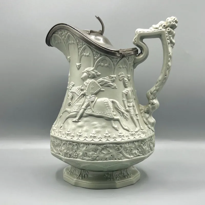 Pamono Gothic Revival Ceramic Relief Jug with Pewter Mount from W. Ridgway & Son, England, 1840s> Bottles, Carafes & Jugs