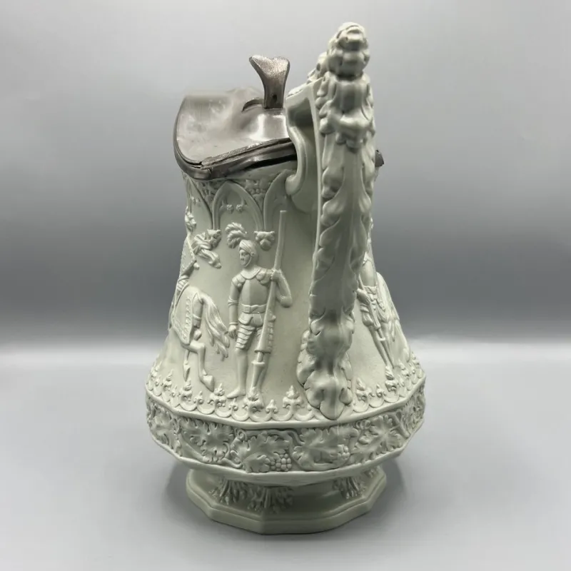 Pamono Gothic Revival Ceramic Relief Jug with Pewter Mount from W. Ridgway & Son, England, 1840s> Bottles, Carafes & Jugs