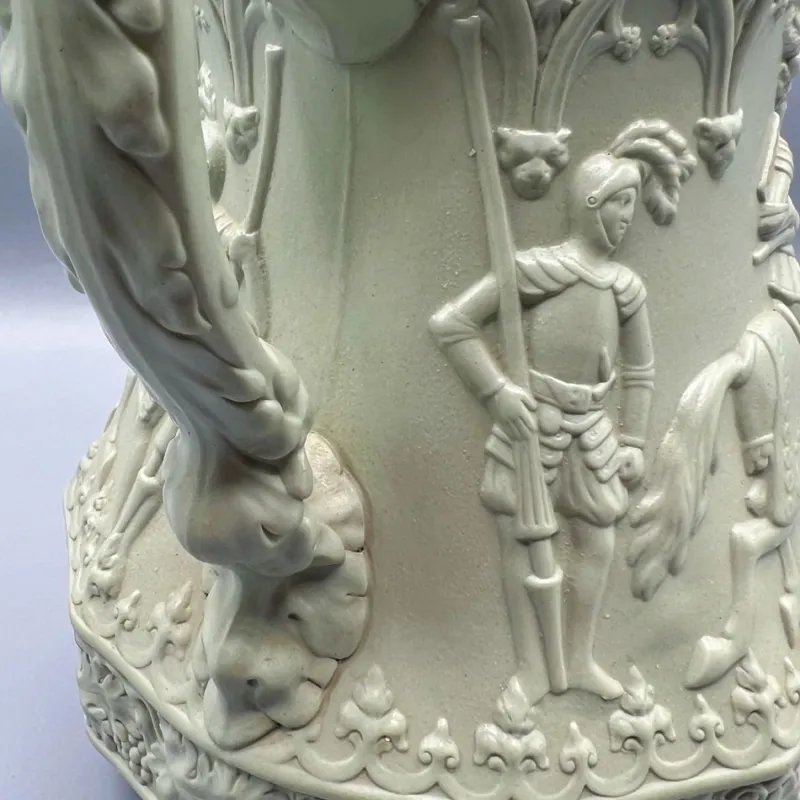 Pamono Gothic Revival Ceramic Relief Jug with Pewter Mount from W. Ridgway & Son, England, 1840s> Bottles, Carafes & Jugs