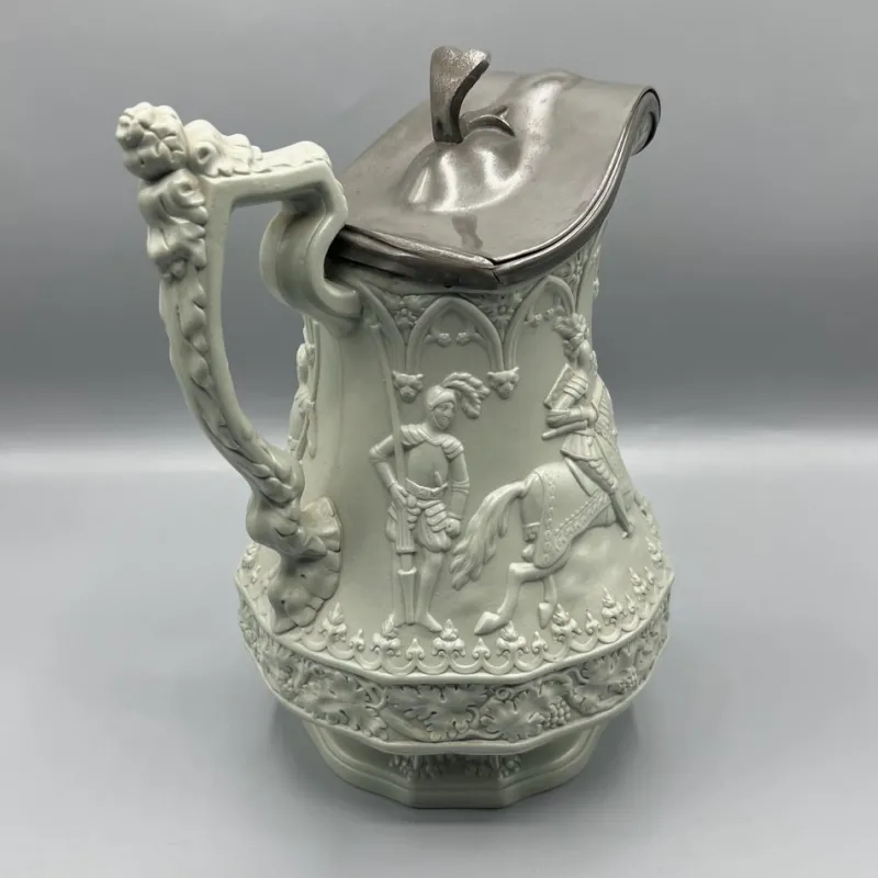 Pamono Gothic Revival Ceramic Relief Jug with Pewter Mount from W. Ridgway & Son, England, 1840s> Bottles, Carafes & Jugs