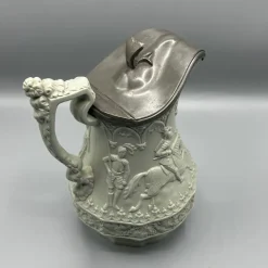 Pamono Gothic Revival Ceramic Relief Jug with Pewter Mount from W. Ridgway & Son, England, 1840s><noscript><img width=
