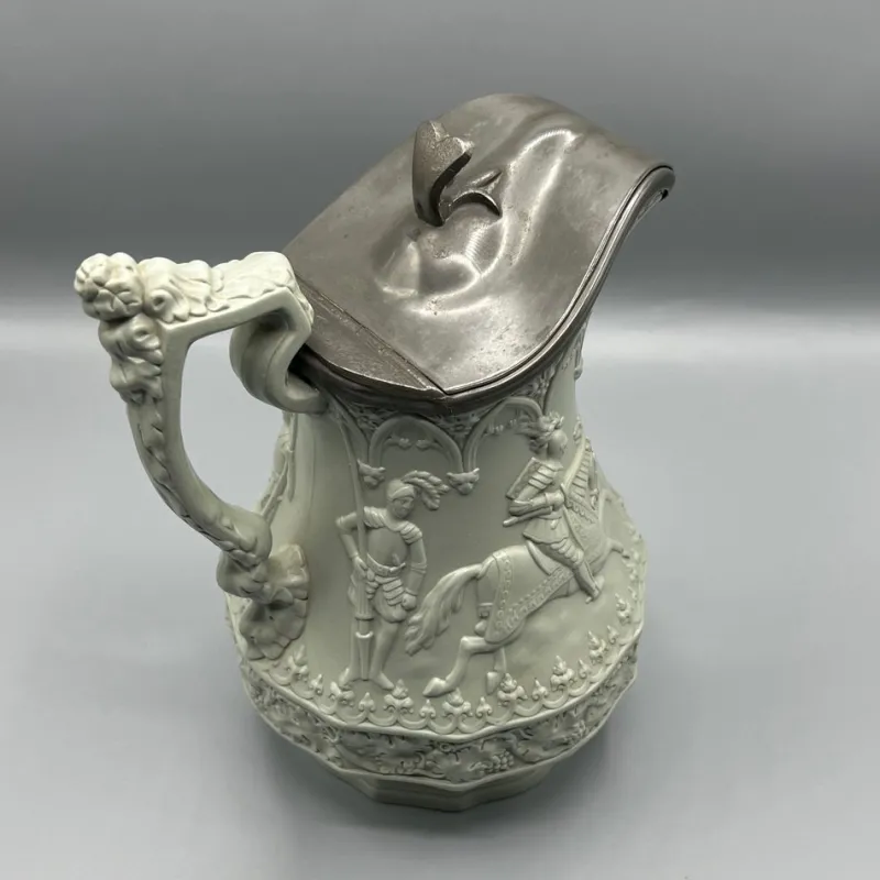 Pamono Gothic Revival Ceramic Relief Jug with Pewter Mount from W. Ridgway & Son, England, 1840s> Bottles, Carafes & Jugs