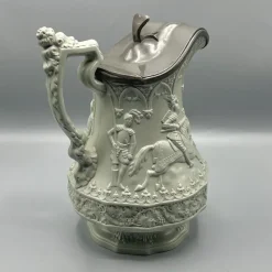 Pamono Gothic Revival Ceramic Relief Jug with Pewter Mount from W. Ridgway & Son, England, 1840s><noscript><img width=