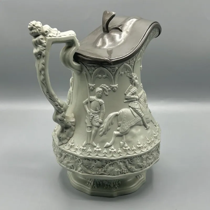 Pamono Gothic Revival Ceramic Relief Jug with Pewter Mount from W. Ridgway & Son, England, 1840s> Bottles, Carafes & Jugs