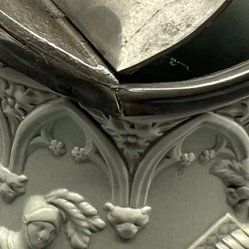 Pamono Gothic Revival Ceramic Relief Jug with Pewter Mount from W. Ridgway & Son, England, 1840s> Bottles, Carafes & Jugs