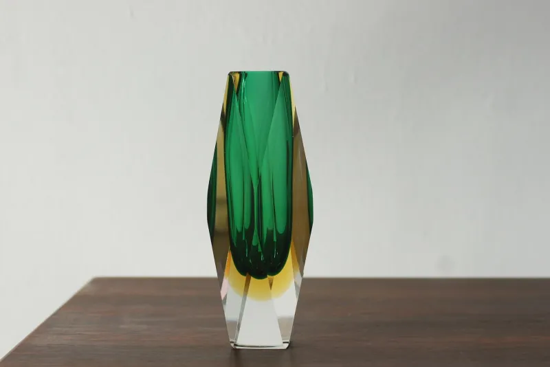 Pamono Green and Amber Sommerso Glass Faceted Vase> Vases