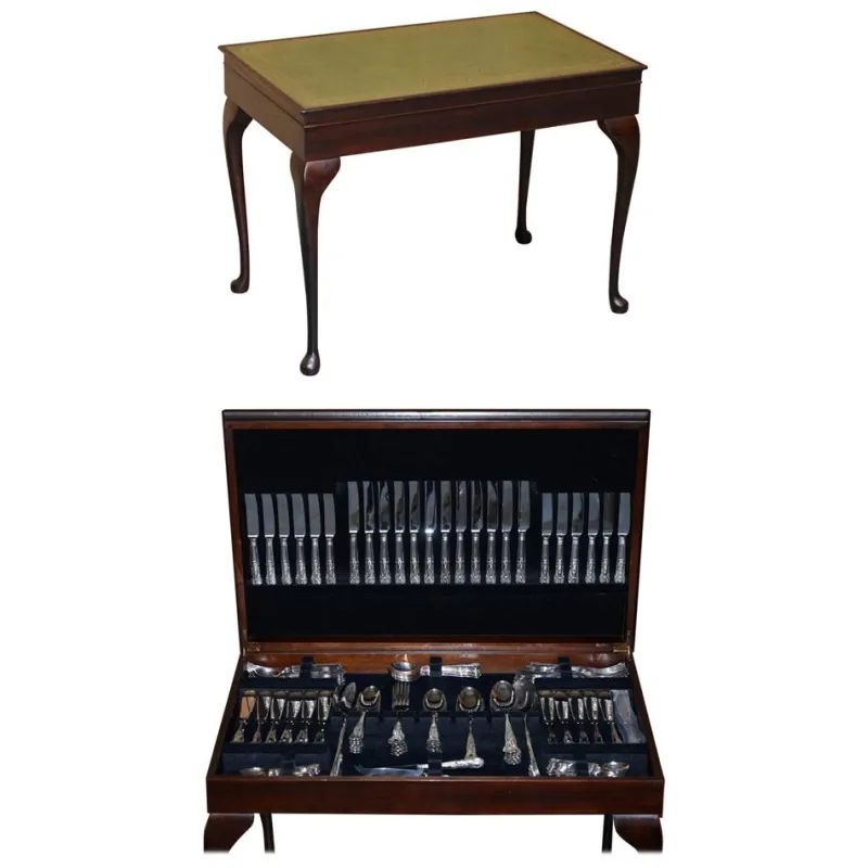 Pamono Green Leather Cutlery Table with Silver Plated Cutlery> Cutlery & Serving Utensils