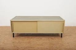Pamono Green-Gray Plywood Lowboard with Black Metal Feet, Green Linoleum Shelf and Sliding Doors from RWD Reppisch-Werk Ag Dietikon, 1950s-1960s> Sideboards & Buffets