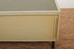 Pamono Green-Gray Plywood Lowboard with Black Metal Feet, Green Linoleum Shelf and Sliding Doors from RWD Reppisch-Werk Ag Dietikon, 1950s-1960s><noscript><img width=