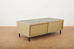 Pamono Green-Gray Plywood Lowboard with Black Metal Feet, Green Linoleum Shelf and Sliding Doors from RWD Reppisch-Werk Ag Dietikon, 1950s-1960s><noscript><img width=