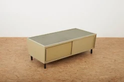 Pamono Green-Gray Plywood Lowboard with Black Metal Feet, Green Linoleum Shelf and Sliding Doors from RWD Reppisch-Werk Ag Dietikon, 1950s-1960s><noscript><img width=