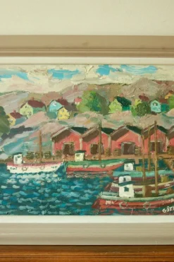 Pamono Göte Johansson, Fiskeläge Bohuslän, Mid-20th Century, Oil on Panel, Framed><noscript><img width=