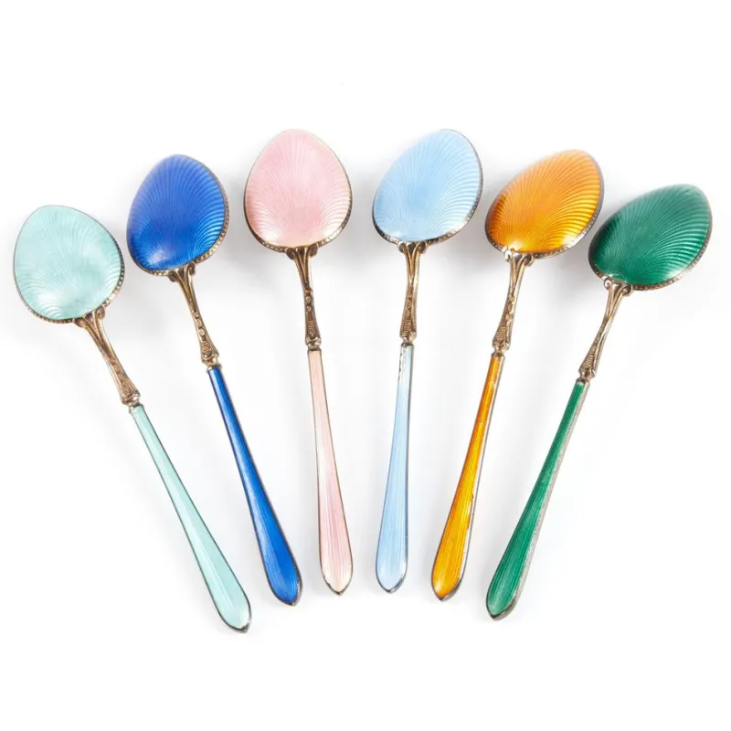 Pamono Guilloché Enamel Silver Spoons, Set of 6> Cutlery & Serving Utensils