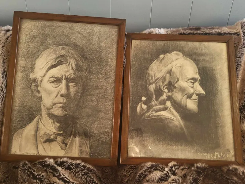 Pamono Gunnar Myhre, Art Deco Portraits, Pencil Drawings, 1927, Set of 2> Art Deco