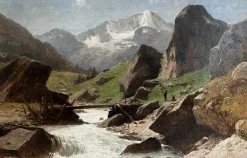 Online Pamono Gustave Eugène Castan, Landscape of Valais, Oil on Wood, 1800s, Framed