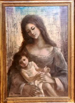 Pamono Guy Cambier, Mother and Child, Large Oil on Canvas, 1960s, Framed> Painting