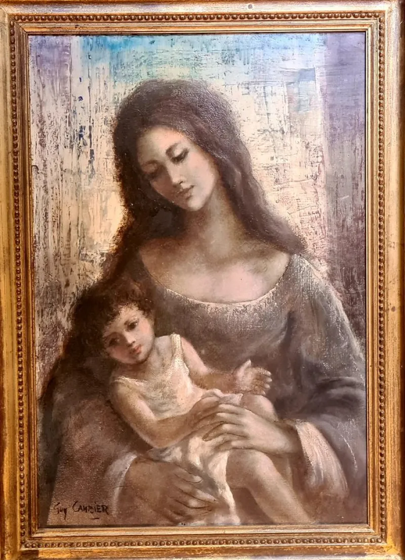 Pamono Guy Cambier, Mother and Child, Large Oil on Canvas, 1960s, Framed> Painting