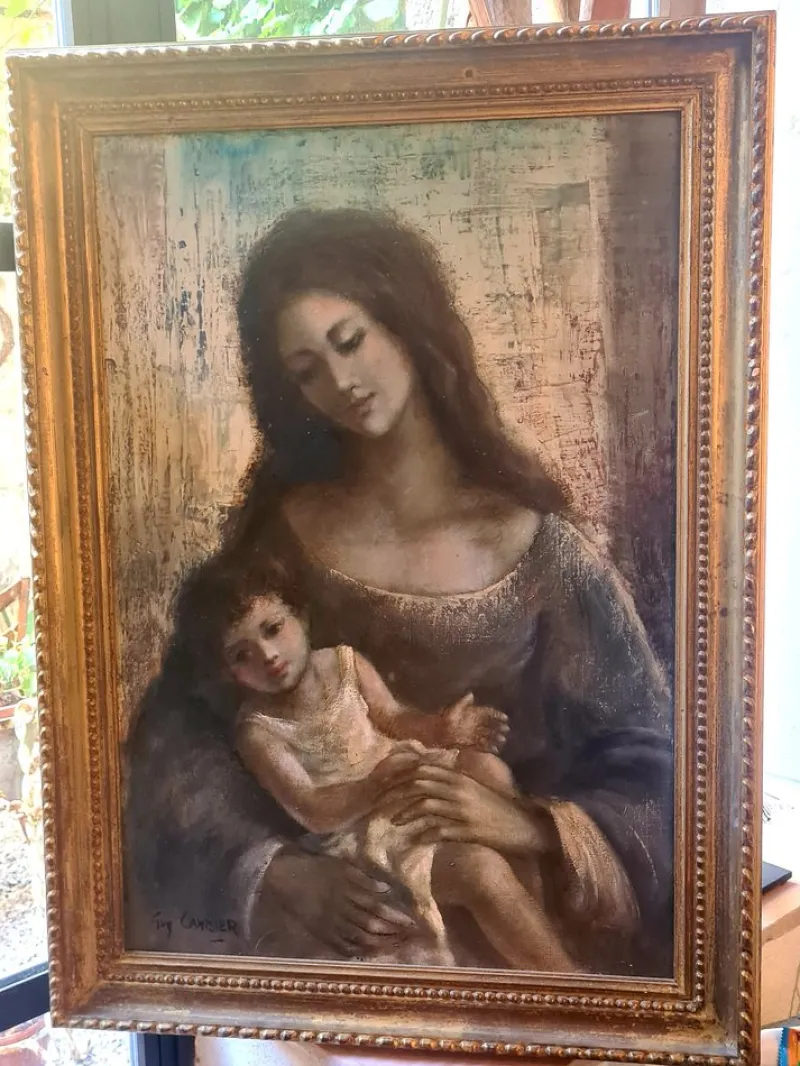 Pamono Guy Cambier, Mother and Child, Large Oil on Canvas, 1960s, Framed> Painting