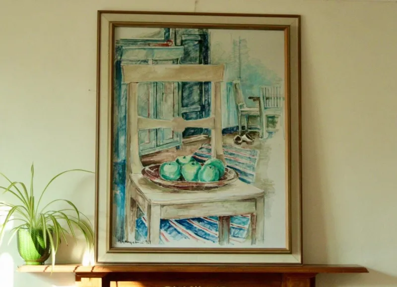 Pamono H. Langerman, Chairs and Apples, Mid-20th Century, Oil on Canvas, Framed> Mid-Century