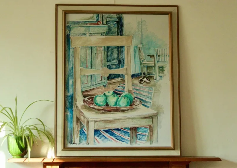 Pamono H. Langerman, Chairs and Apples, Mid-20th Century, Oil on Canvas, Framed> Mid-Century