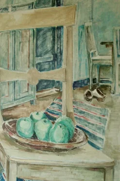 Pamono H. Langerman, Chairs and Apples, Mid-20th Century, Oil on Canvas, Framed><noscript><img width=