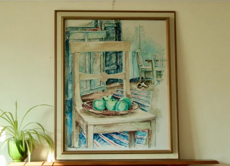 Pamono H. Langerman, Chairs and Apples, Mid-20th Century, Oil on Canvas, Framed> Mid-Century