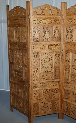 Pamono Hand Carved Solid Teak Folding Screen with Brass Inlaid Detail> Room Dividers & Screens