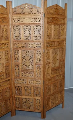 Pamono Hand Carved Solid Teak Folding Screen with Brass Inlaid Detail><noscript><img width=