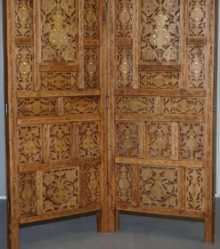 Pamono Hand Carved Solid Teak Folding Screen with Brass Inlaid Detail><noscript><img width=