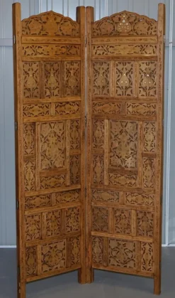 Pamono Hand Carved Solid Teak Folding Screen with Brass Inlaid Detail><noscript><img width=