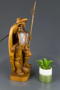 Pamono Hand Carved Wooden Sculpture Lamp Depicting Night Watchman with Lantern, Germany><noscript><img width=