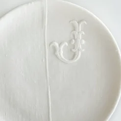 Best Pamono Hand Made White Porcelain Plate with Embroidered Letter J Josephine by Studio Desimonewayland