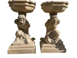 Pamono Hand-Carved Travertine and Marble Sculptural Pedestals, 1970><noscript><img width=